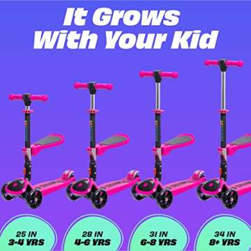 SKIDEE Kick Scooters for Kids Ages 3-5(Suitable for 2-12 Year Old)Adjustable Height Foldable Scooter Removable Seat,3 LED Light Wheels,Rear Brake,Wide Standing Board,Outdoor Activities for Boys/Girls