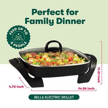 bella Electric Skillet and Frying Pan with Glass Lid, Nonstick Coating, Cool Touch Handles, Removable Heating Probe, Dishwasher Safe, 12 x 12 inch, Black, PFOA & PTFE Free