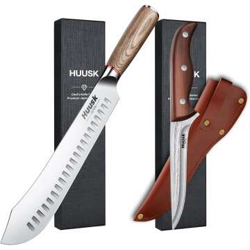 Huusk Butcher Knife Set - 10-inch Brisket Slicing Knife and 5-inch Boning Knife - Premium High-Carbon Steel Knives for Meat Trimming, BBQ, Poultry, and More