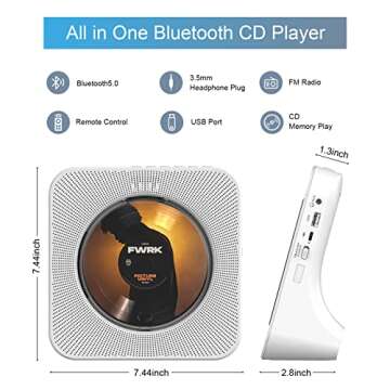 Desktop Vertical CD Player with Speakers HiFi, Portable CD Players for Home, Bluetooth, Remote Control, LED Screen, FM Radio, U Disk, AUX Port, Compatible Formats, Wired, White, Gift