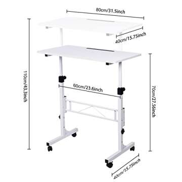 KLSMYHOKI Standing Desk Adjustable Height, Mobile Stand Up Desk with Wheels Small Computer Desk Rolling Desk, Portable Laptop Desk White Standing Table Home Office Desks 16"x31.5" Height 27"-43.5"