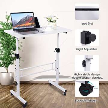 KLSMYHOKI Standing Desk Adjustable Height, Mobile Stand Up Desk with Wheels Small Computer Desk Rolling Desk, Portable Laptop Desk White Standing Table Home Office Desks 16"x31.5" Height 27"-43.5"