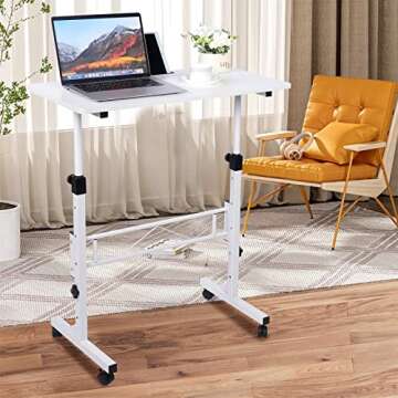 KLSMYHOKI Standing Desk Adjustable Height, Mobile Stand Up Desk with Wheels Small Computer Desk Rolling Desk, Portable Laptop Desk White Standing Table Home Office Desks 16"x31.5" Height 27"-43.5"