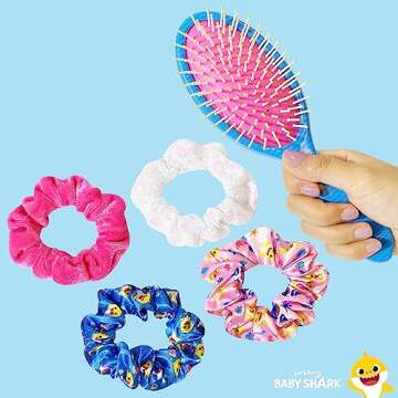 Baby Shark Hair Accessory Set: 9-inch Regular Detangling Brush, 4 Elastic Hair Ties & Scrunchies for Kids