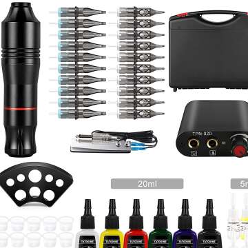 Tatooine Tattoo Kit Complete Tattoo Pen Kit with Rotary Tattoo Machine, 20 Cartridges Needles 12 Tattoo Inks Power Supply Foot Pedal for Tattoo Artists with Suitcase