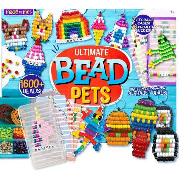 Made By Me Ultimate Bead Pets By Horizon Group USA, Crafts For Kids, Includes Over 1400 Beads, Cording, Keychains & Carabiner Clips, Design Templates, Storage Cases & More