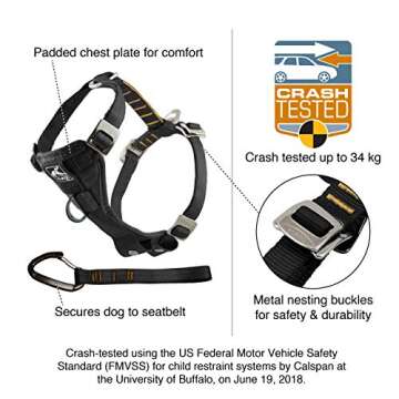 Kurgo Tru-Fit Enhanced Strength Dog Harness - Certified Crash Tested Car Safety Harness for Dogs - Metal Buckles, Padded Chest - Includes Pet Seatbelt - No Pull Training - Black, Extra Small