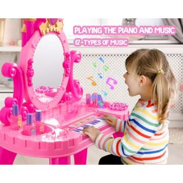 Vanity Makeup Table Toy with Adjustable Mirror, Comfortable Seat, Electronic Organ, Lights, and Music for Little Girls - Spark Imagination with Our Toddler Vanity Set