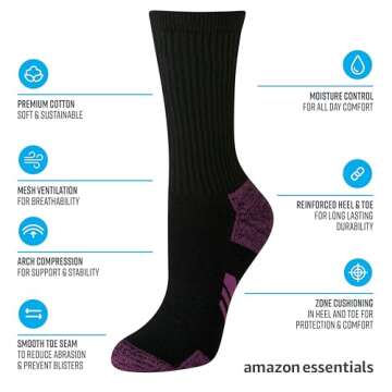 Amazon Essentials Women's Athletic Crew Socks - 6 Pairs, Comfortable Cotton, Breathable, Cushioned, Black Size 6-9