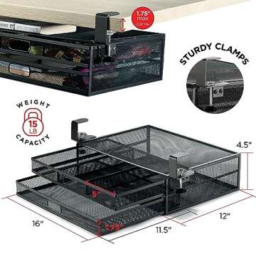 Under Desk Drawer Organizer Clamp-On, Mesh Metal Desk Drawer Attachment, 2 Drawer Slide Out, On Desk Or Under Desk Organizer For Office Supplies & Home Essentials (2 Drawers)