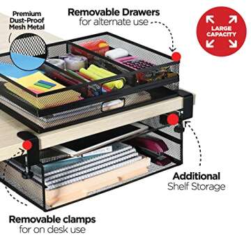 Under Desk Drawer Organizer Clamp-On, Mesh Metal Desk Drawer Attachment, 2 Drawer Slide Out, On Desk Or Under Desk Organizer For Office Supplies & Home Essentials (2 Drawers)