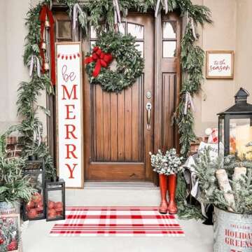 Fallovea Christmas Rugs Red and White Plaid, 28 x 43 Inches Area Rug Outdoor Indoor Front Porch Doormat Cotton Hand-Woven Layered Door Mats for Entryway Patio Entryway Laundry Bedroom Living Room