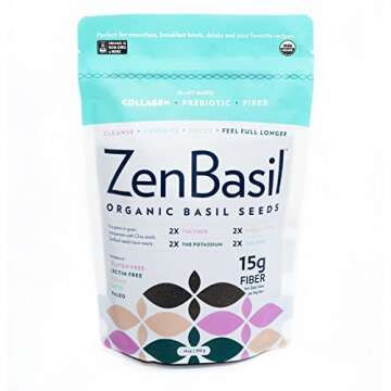 Zen Basil Seeds | Edible Basil Seeds USDA Organic, Kosher, Non-GMO, lectin Free, Gluten Free, Plant Based, Keto, Paleo, Vegan | 15g Fiber per/serv | 14oz | More Fiber Than chia Seeds | prebiotic