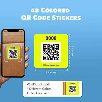 QR Code Smart Labels | Color Coded Scannable Stickers for Storage Bins, Moving Containers & Organization | Pack and Track Inventory on iOS & Android App | Pack of 48 (Neon)