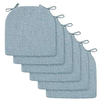 downluxe Indoor Chair Cushions for Dining Chairs, Soft and Comfortable Textured Memory Foam Kitchen Chair Pads with Ties and Non-Slip Backing, 16" x 16" x 2", Light Blue, 6 Pack