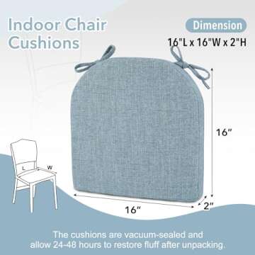 downluxe Indoor Chair Cushions for Dining Chairs, Soft and Comfortable Textured Memory Foam Kitchen Chair Pads with Ties and Non-Slip Backing, 16" x 16" x 2", Light Blue, 6 Pack