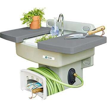 Genki - Outdoor Garden Sink with Hose Hook Up - White Potting Bench with Hose Holder - Outside Sink Station - Gardening Drinking Fountain - Sinks Table - Hand Washing Water Station with Hookup
