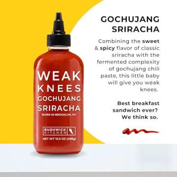 Weak Knees Gochujang Sriracha Hot Sauce, Sriracha Sauce 10.5oz Easy Squeeze Bottle, Korean Gochujang Paste Infused Sriracha Chili Sauce, Vegan Hot Sauce, Unique Gifts for Men, Food Gifts