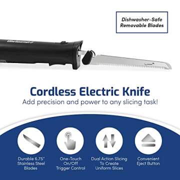 Elite Gourmet EK9810 Professional Cordless Rechargeable Easy-Slice Electric Knife with 4 Serrated Blades and Safety Lock Trigger Release, Carving Meats, Poultry, Bread, Black