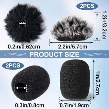 PAGOW 4 Pcs Mini Foam Microphone Windscreens ＆ Furry Cover, High Density Mic Headset Cover, Lapel Microphone Windscreen for Lavalier Microphones Noise Reduction (2pcs Foam + 2pcs Furry)