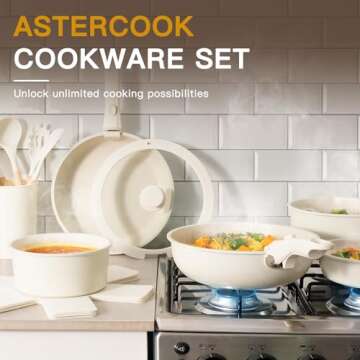 Astercook 21 Pcs Pots and Pans Set Non Stick, Ceramic Cookware Set Detachable Handle, RV Kitchen Cooking Set Removable Handles, Oven Safe, Induction Ready, Stackable Non-stick Set, Cream White