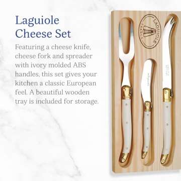 Jean Dubost Laguiole 3-Piece Cheese Set, Ivory Handles - Rust-Resistant Stainless Steel - Includes Wooden Tray - Made in France