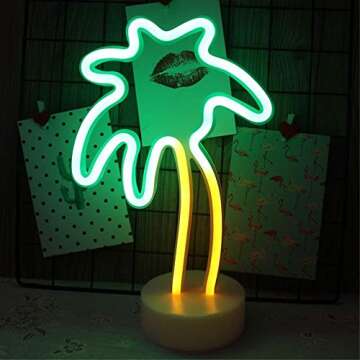 ENUOLI Coconut Palm tree Neon Signs LED Battery Operated USB Powered Neon Light with Holder Base for Party Supplies Girls Room Decoration Accessory for Luau Summer Party Children Kids Gifts