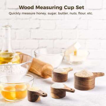 Wood Measuring Cup Set of 4, Nestable Natural Wooden Measuring Cups, 1, 1/2, 1/3, 1/4 Cup Sizes, Kitchen Utensils for Measuring Flour, Sugar, Spices, Nuts, Baking Cooking Tools (Cup Set)