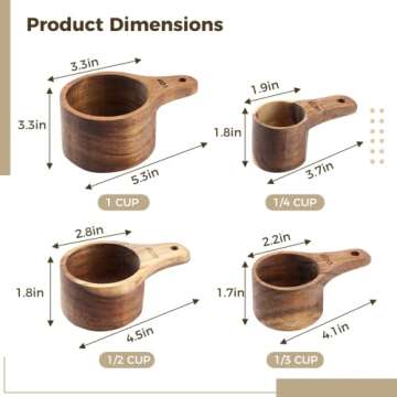 Wood Measuring Cup Set of 4, Nestable Natural Wooden Measuring Cups, 1, 1/2, 1/3, 1/4 Cup Sizes, Kitchen Utensils for Measuring Flour, Sugar, Spices, Nuts, Baking Cooking Tools (Cup Set)