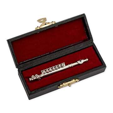 Broadway Gift Decorative Miniature Silver Flute Music Instrument -Miniature Replica with Lined Case, Size 3 in.