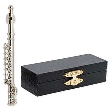 Broadway Gift Decorative Miniature Silver Flute Music Instrument -Miniature Replica with Lined Case, Size 3 in.