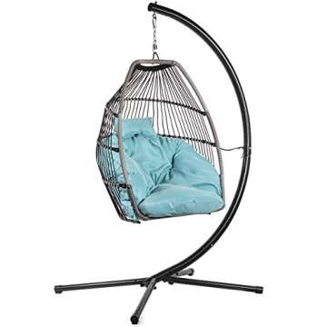 Barton Premium Egg Chair Egg Style Hanging Chair Blue w/Deep Cushion Soft Relaxing Luxury Outdoor Indoor Patio Bedroom Hanging Swinging