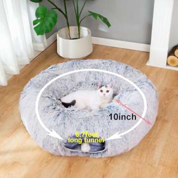 LUCKITTY Warm Fluffy Plush Cat Dog Tunnel Bed with Washable Cushion-Big Tube Playground Toys 3 FT Diameter Longer Crinkle Collapsible 3 Way, for Indoor Cat Kitty Kitten Puppy Rabbit Ferret Blue