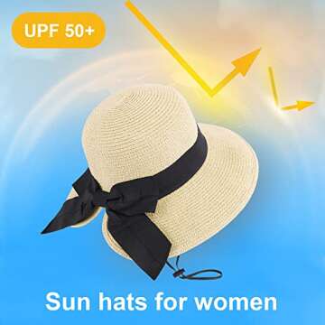 Summer Hat for Women Big Brim Women's Sun Hat UPF 50+ Foldable/Portable Floppy Straw Beach Hat Womens Hats with Brim for Sun Protection,Beige with Black Bow