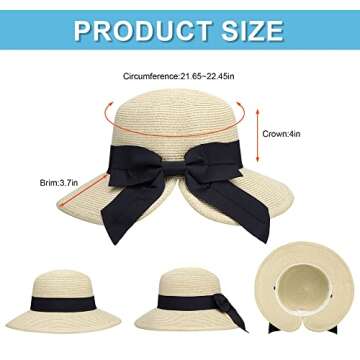 Summer Hat for Women Big Brim Women's Sun Hat UPF 50+ Foldable/Portable Floppy Straw Beach Hat Womens Hats with Brim for Sun Protection,Beige with Black Bow