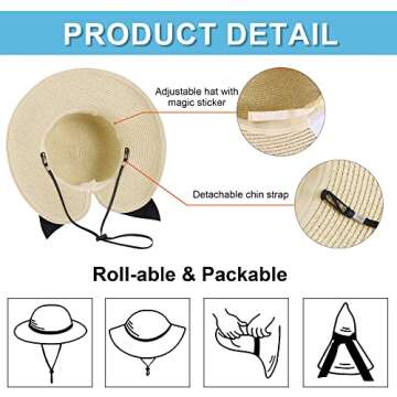 Summer Hat for Women Big Brim Women's Sun Hat UPF 50+ Foldable/Portable Floppy Straw Beach Hat Womens Hats with Brim for Sun Protection,Beige with Black Bow