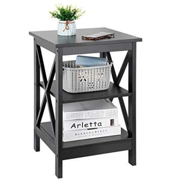 SUPER DEAL 3-Tier End Table with Storage Shelves Versatile X-Design Wood Sofa Side Table for Living Room Bedroom Apartment Small Spaces, Black