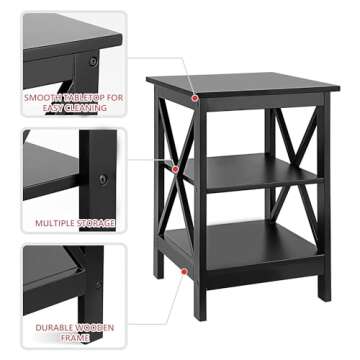 SUPER DEAL 3-Tier End Table with Storage Shelves Versatile X-Design Wood Sofa Side Table for Living Room Bedroom Apartment Small Spaces, Black