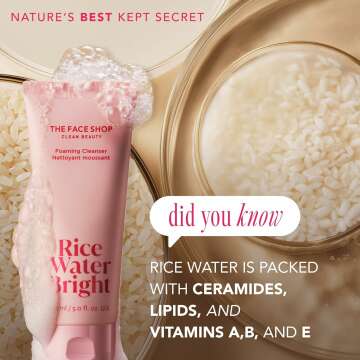 The Face Shop Rice Water Bright Foaming Facial Cleanser with Ceramide, Gentle Face Wash for Hydrating & Moisturizing, Vegan Face Cleanser, Makeup Remover, Korean Skin Care for All Skin Types