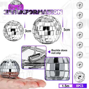 8 Packs 4.9 ft Disco Ball Party Decorations Mini Disco Ball Ornaments Silver Hanging Disco Ball Reflective Mirror Disco Ball for Christmas Wedding Dance Music Birthday Party Supplies(1 Inch, 2 Inch)