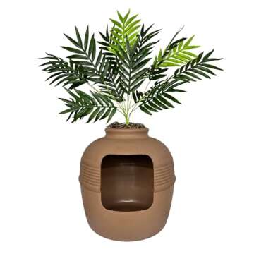 Good Pet Stuff Hidden Litter Box Base Kit, Round Enclosed Cat Planter Furniture with Fake Plant, Hooded Vented Carbon Filter System for Odor Control, Easy to Clean, Made in USA, Mocha Brown