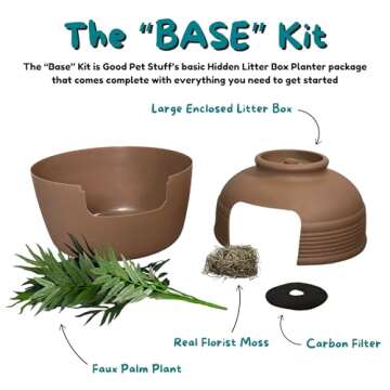 Good Pet Stuff Hidden Litter Box Base Kit, Round Enclosed Cat Planter Furniture with Fake Plant, Hooded Vented Carbon Filter System for Odor Control, Easy to Clean, Made in USA, Mocha Brown