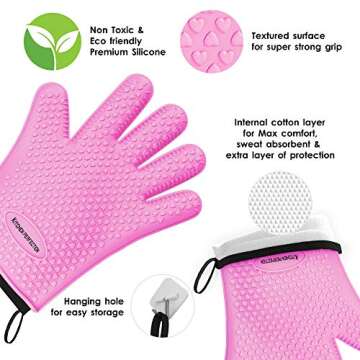 KITCHEN PERFECTION Silicone Smoker Oven Gloves -Extreme Heat Resistant BBQ Gloves-Handle Hot Food Right on Your Grill Fryer & Pit|Waterproof Grilling Cooking Baking Mitts|Superior Value Set+3 Bonuses