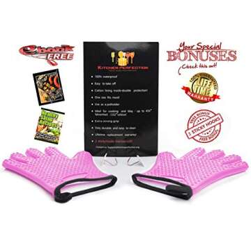 KITCHEN PERFECTION Silicone Smoker Oven Gloves -Extreme Heat Resistant BBQ Gloves-Handle Hot Food Right on Your Grill Fryer & Pit|Waterproof Grilling Cooking Baking Mitts|Superior Value Set+3 Bonuses