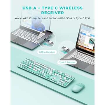 PEIOUS Wireless Keyboard and Mouse Combo, Cute Colorful Keyboard & Mouse with USB and Type C Receiver, Full Size Wireless Combo Compatible for MacBook, Windows, Laptop, PC - Green White