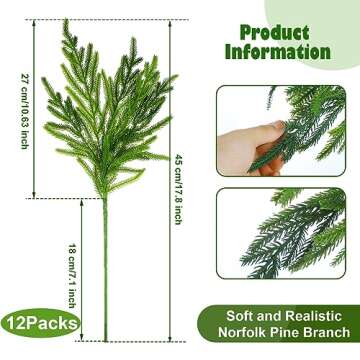 Jutom 12 Pcs Christmas Norfolk Pine Branches, Norfolk Pine Artificial Christmas Branches DIY Crafts Faux Christmas Norfolk Pine Branches for Xmas Indoor Outdoor Home Decor (18 Inches)