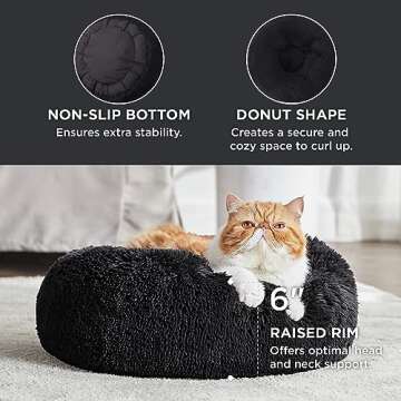 Bedsure Calming Cat Beds for Indoor Cats - Small Cat Bed Washable 20 inches, Anti-Slip Round Fluffy Plush Faux Fur Pet Bed, Fits up to 15 lbs Pets, Black