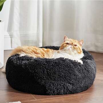 Bedsure Calming Cat Beds for Indoor Cats - Small Cat Bed Washable 20 inches, Anti-Slip Round Fluffy Plush Faux Fur Pet Bed, Fits up to 15 lbs Pets, Black