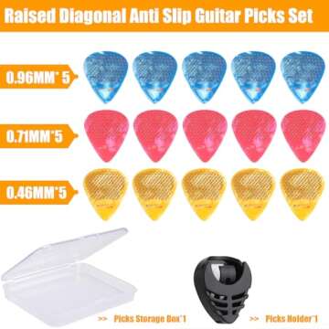 15pcs Guitar Picks, 0.46 0.71 0.96 mm Includes Thin Medium Heavy Thickness, Three Colors Non-slip Celluloid Plectrums for Bass Electric Acoustic Guitars Ukulele (15pcs twill Picks)