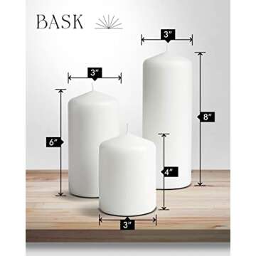 Bask Cone Top Pillar Candles - Elegant White Candles - Set of 3 White Pillar Candles - 3"x4", 3"x6", and 3" x8 - Smokeless and Dripless Decorative Candles for Home Decor and Relaxation